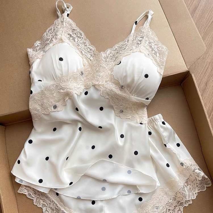 Classic Polo Dot Summer Lace Camisole Shorts Women's Home Clothes Ice Silk Pajamas Sexy Lace with Chest Pad