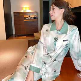 蕴染时尚宽松睡衣女甜美冰丝家居服套装春秋长袖裤可外穿