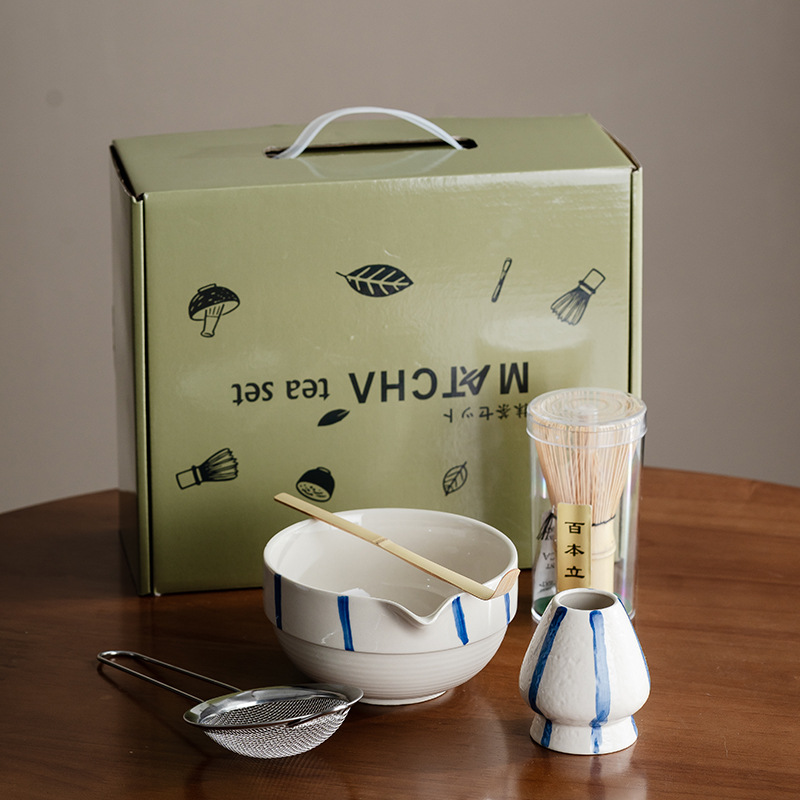 [파란색과 흰색 줄무늬] 해머 패턴 배 말차 그릇 5종 세트(선물 상자)