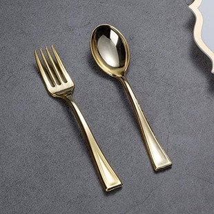24 Pack Plated Gold Fork Spoon Disposable Plastic Spoon Set Western Dessert Fork Spoon Party Small Spoon