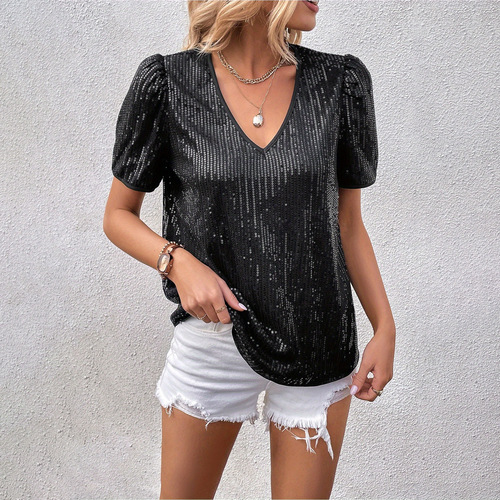 European and American women's fashion, comfortable and loose V-neck sparkly short-sleeve top, loose cut style