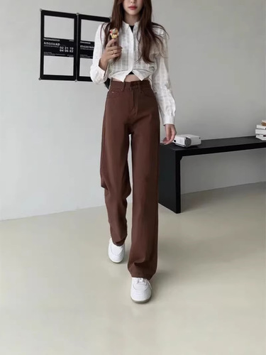 Cross-border wholesale new brown coffee American retro washed distressed denim jeans for men and women loose straight leg wide-leg pants