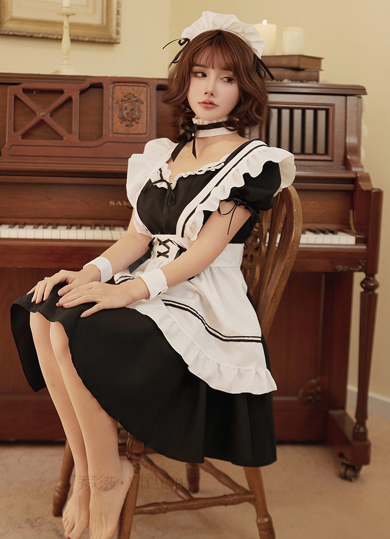 Maid Roleplay Lingerie Set with Headpiece, Collar, Cuffs and Dress — detail image 14