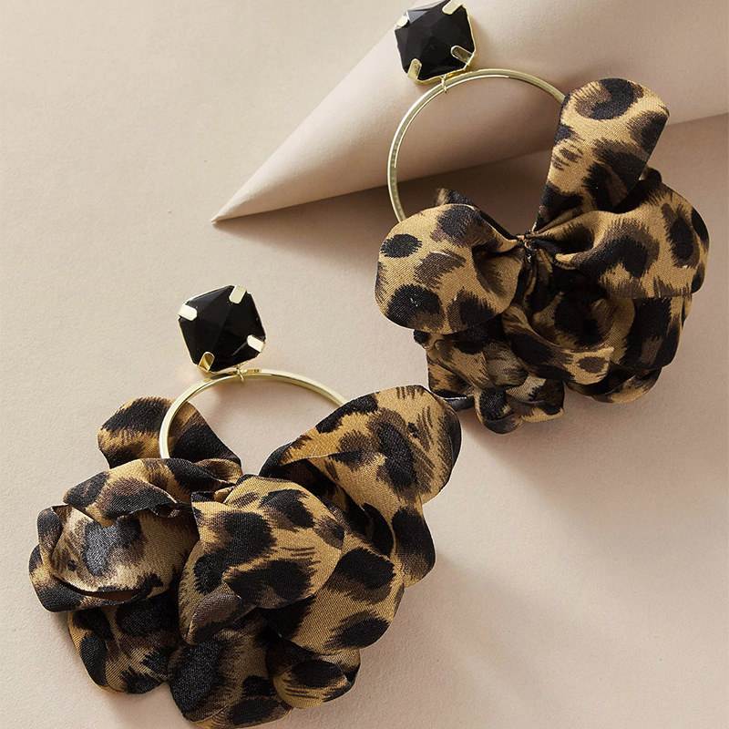 Personality Exaggerated Leopard Print Fabric Geometric Imitation Gemstone Inlaid Earrings display picture 2