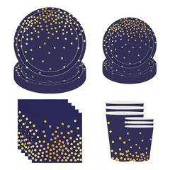 Cross-border exclusive deep blue gold foil small round dot party gathering tableware set disposable plate cup four-piece set