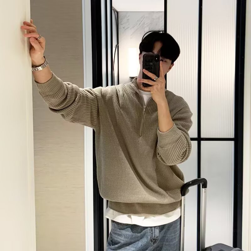 Suéter masculino de malha com meio zíper – Pulôver estiloso com tecido respirável e resistente a manchas (cinza/preto/azul/cáqui, tamanhos M-3XL)_voghion.com