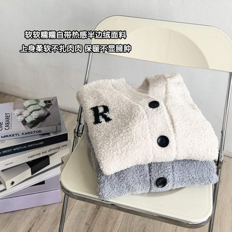 여성용 가을 겨울 하프 벨벳 커플 잠옷, 벨벳과 두꺼운 R 자형 가디건, 남성용 고급스럽고 편안한 플러시 홈 의류