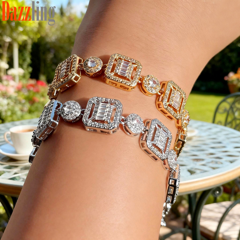 European and American Square Round Hip Hop Zircon Bracelet Men's Fashionable Bracelet Hot Selling Hip Hop Jewelry in stock Wholesale