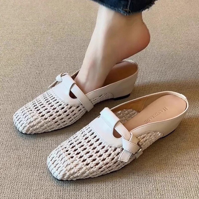 Sheepskin ~ Baotou Half Slippers for Women, Summer Outer Wear, Inner Heightening Birkenstock Clogs, One-Leg Woven Breathable Sandals Sheepskin ~ Baotou Half Slippers for Women, Summer Outer Wear, Inner Heightening Birkenstock Clogs, One-Leg Woven Breathable Sandals
