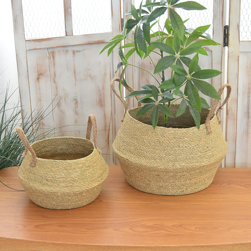 Cesta tejida portátil Cesta de flores de interior Maceta de paja Tejido de bambú Plantas Tejido de paja Cesta de paja plegable de piso al por mayor