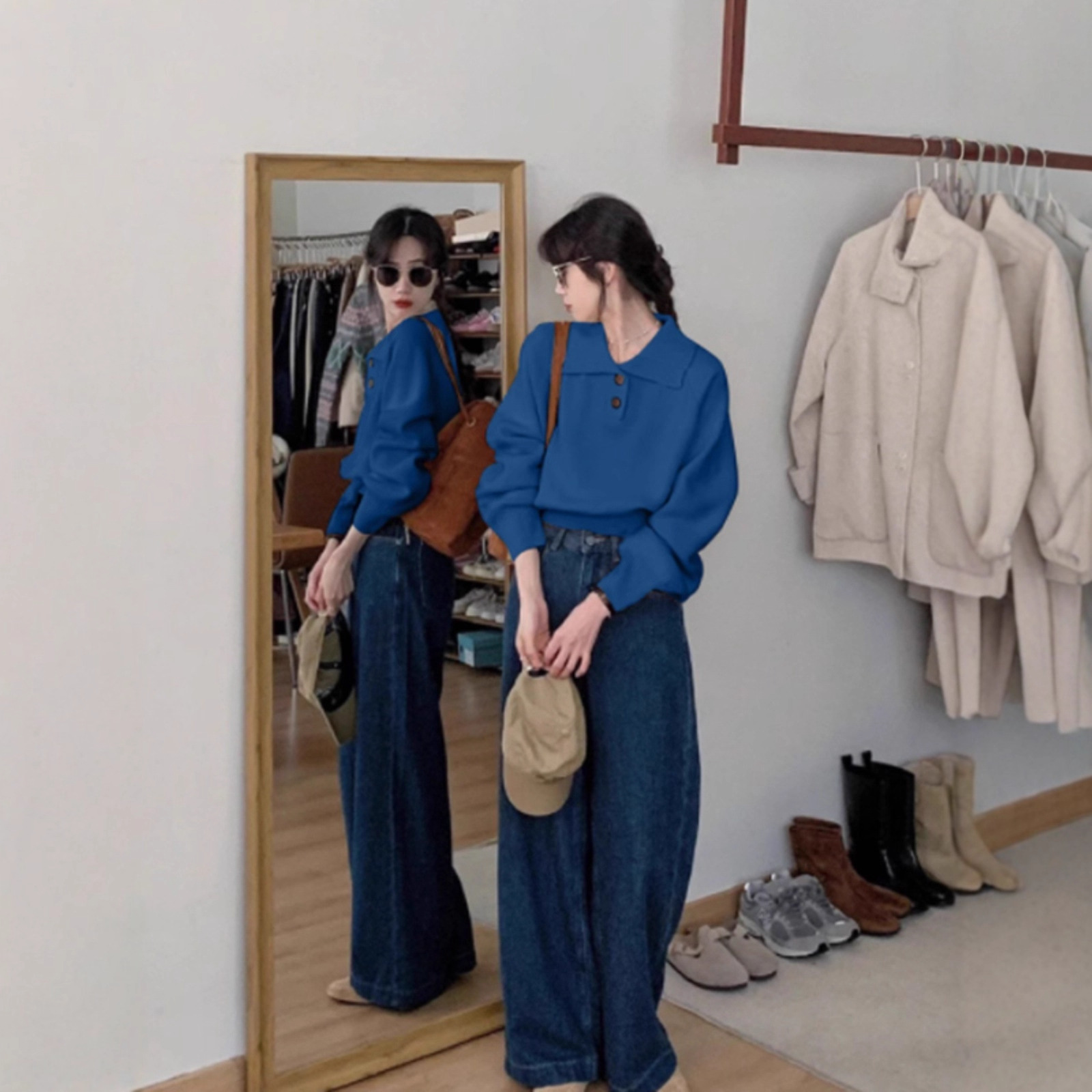 High-End Blue Lapel Long-Sleeved Knitted Bottoming Shirt for Women in Autumn and Winter Loose Short Sweater with Elegant Top