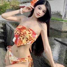 跨境泳衣女2025韩版新款系带印花分体时尚性感比基尼辣妹套装夏季
