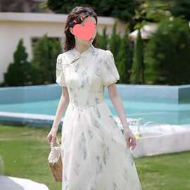 新中式连衣裙女夏季2024新款改良旗袍国风泡泡袖禅意风中长款裙子