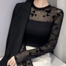 新款蕾丝打底衫女长袖春秋薄款百搭显瘦圆领网纱上衣洋气