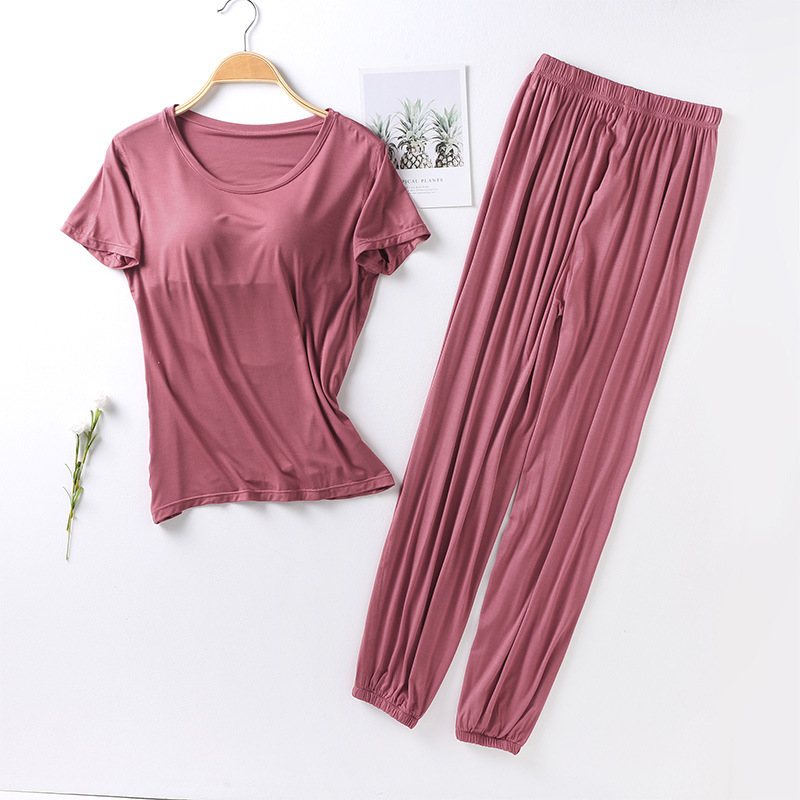 Factory wholesale modal with chest pad short sleeve bloomers pajamas set women's bra one-piece home suit two-piece set
