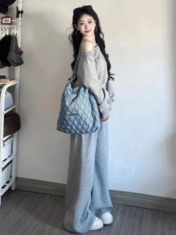 小个子休闲运动套装女2025春秋盐系炸街斜肩收腰卫衣阔腿裤两件套|undefined