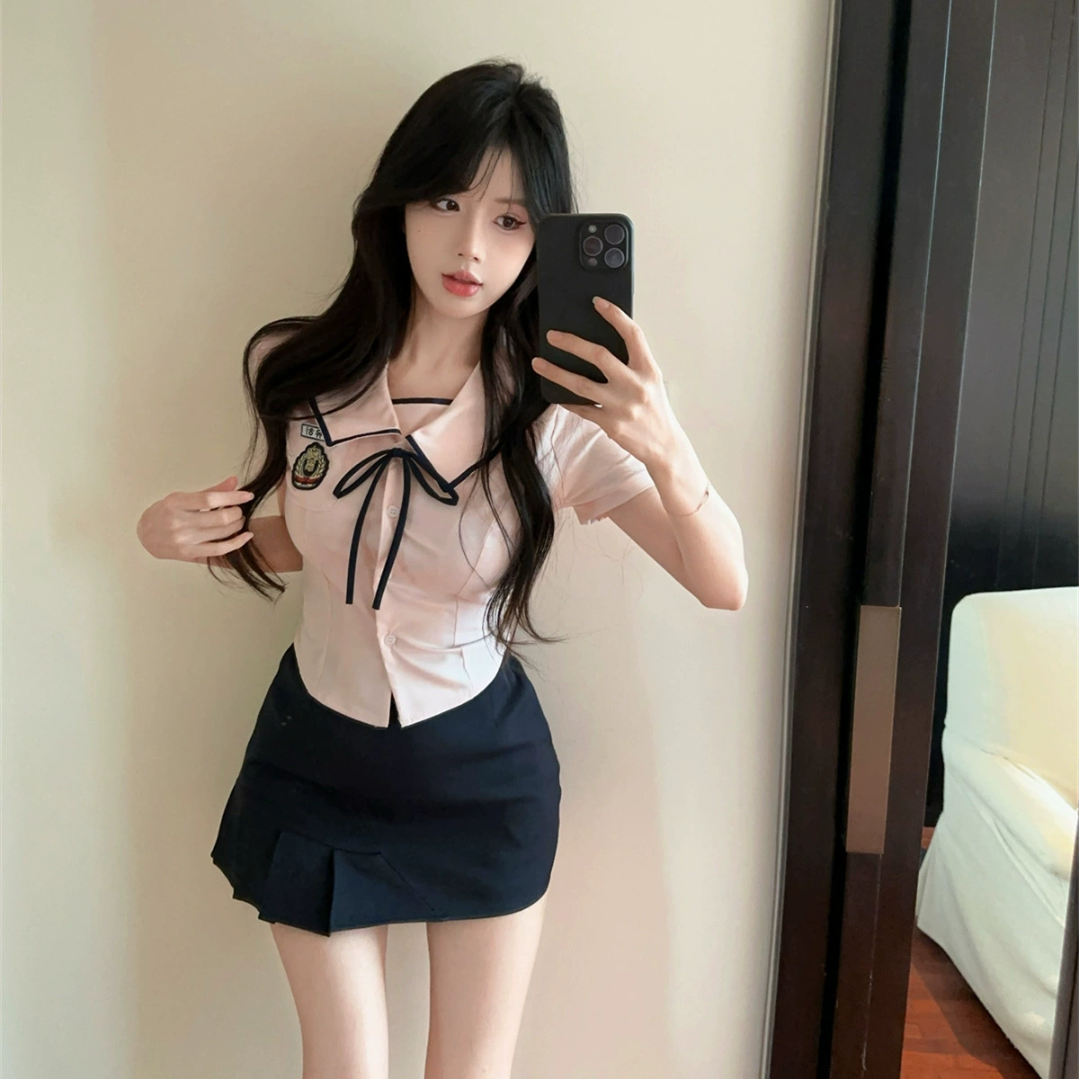 Летний новый корейский костюм в стиле JK, преппи, сладкий, сексуальный, с короткими рукавами, высокой талией и плиссированной юбкой.