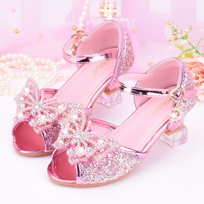 Сандалии для девочек Принцесса обувь летние новые детские высокие каблуки иностранные туфли маленькая девочка хрустальные туфли модные рыбки туфли