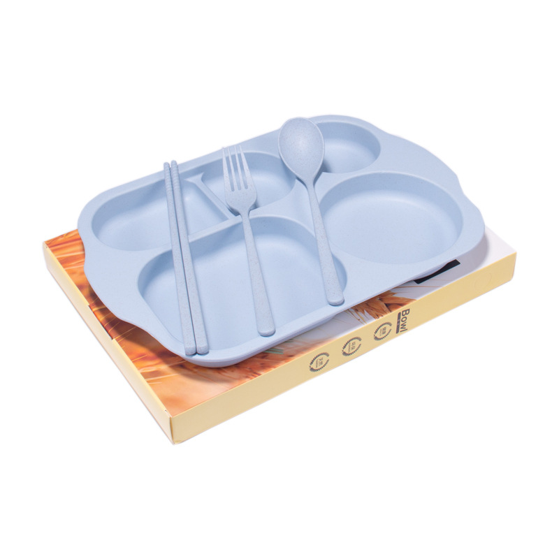 Paja DE TRIGO vajilla infantil conjunto de cuatro piezas engrosada estudiante compartimiento plato palillos tenedor cuchara 4 piezas cantina plato de arroz image 7