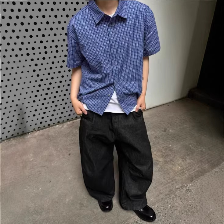 Handmade Pleated Royal Blue Plaid Short-Sleeve Shirt Cleanfit Three-Dimensional Unisex Short Wide Drawstring T-Shirt Miu Style Trendy