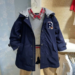Spring and Autumn New Bear Children's Hooded Cartoon Embroidery Splicing Mid-Length Windbreaker Jacket Boys' Jacket