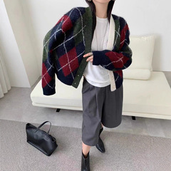 复古菱格针织开衫女秋季2025新款宽松长袖小个子软糯毛衣外套上衣