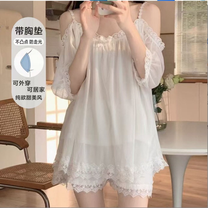 Large Size One-Shoulder Chest Pad Mesh Pajamas Set Summer Lace Thin Loose Women's Home Clothes New Two-Piece Set