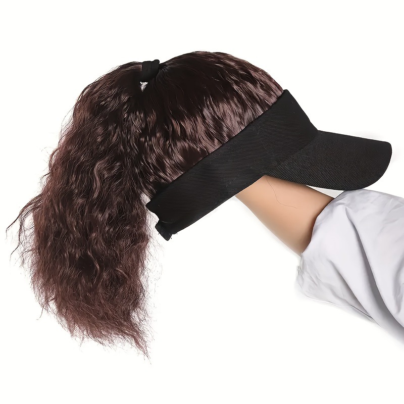 Women's Sun Black Cap Hat Integrated Synthetic Wig Corn Perm Ponytail Slightly Curly_voghion.com
