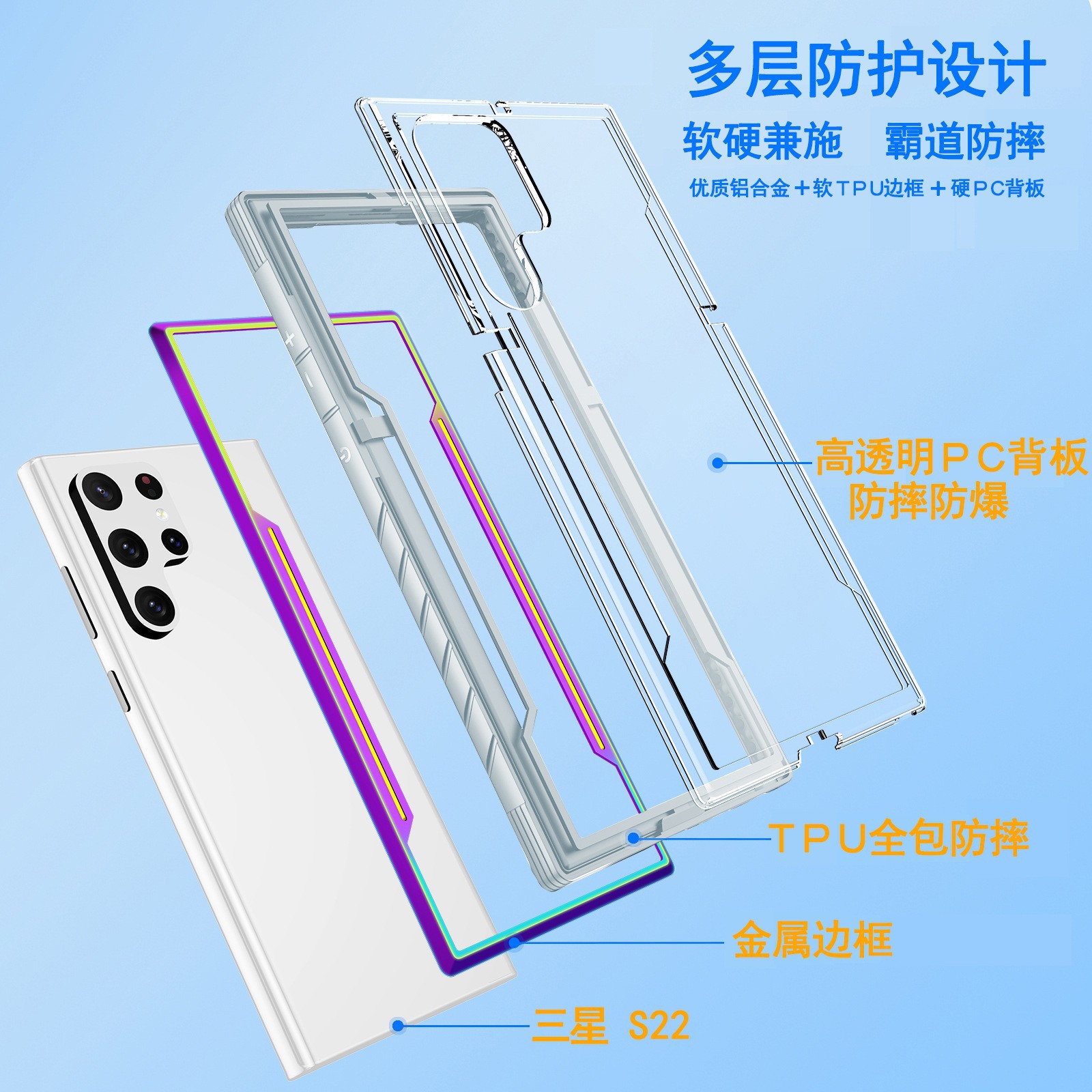 三星S22手机壳新款a53/A73金属S22Ultra透明A33气囊保护套适用