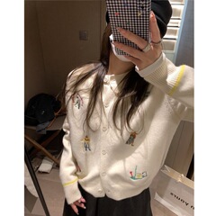 韩系2025年秋冬新款运动刺绣长袖圆领减龄针织开衫慵懒风女式毛衣