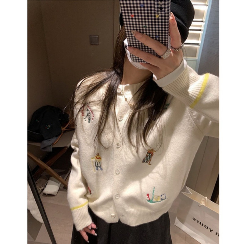 韩系2025年秋冬新款运动刺绣长袖圆领减龄针织开衫慵懒风女式毛衣|undefined