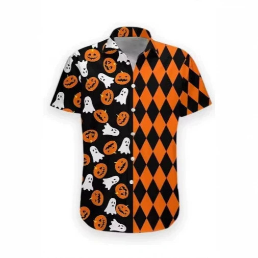 2026 Halloween Party Pattern Hawaiian Men's Scary Cat Pumpkin 3D Printed T-Shirt Holiday Shirt