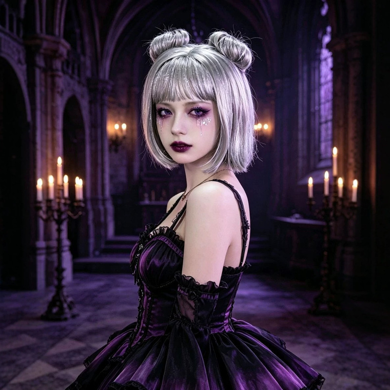 Silver-grey shiny silk double-bun short bob wig with straight bangs for Halloween ghost girl cosplay party stage costume Silver-grey shiny silk double-bun short bob wig with straight bangs for Halloween ghost girl cosplay party stage costume