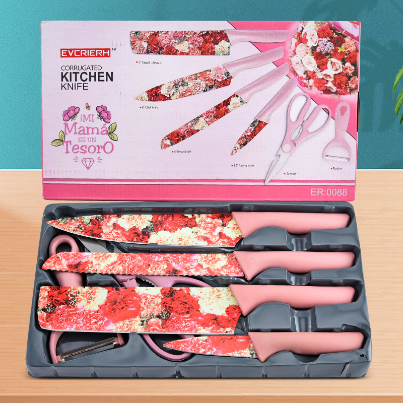 跨境彩色印花麦杆厨房刀具套装套刀面包刀水果刀瓜刨六件套彩盒装