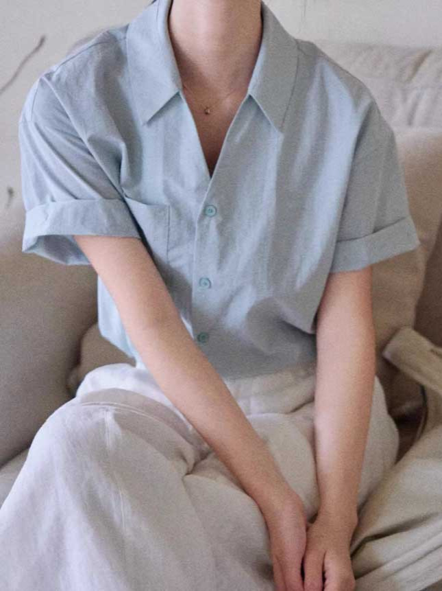 Áo sơ mi ngắn tay nữ cổ V phong cách Pháp chất liệu cotton — Áo xanh