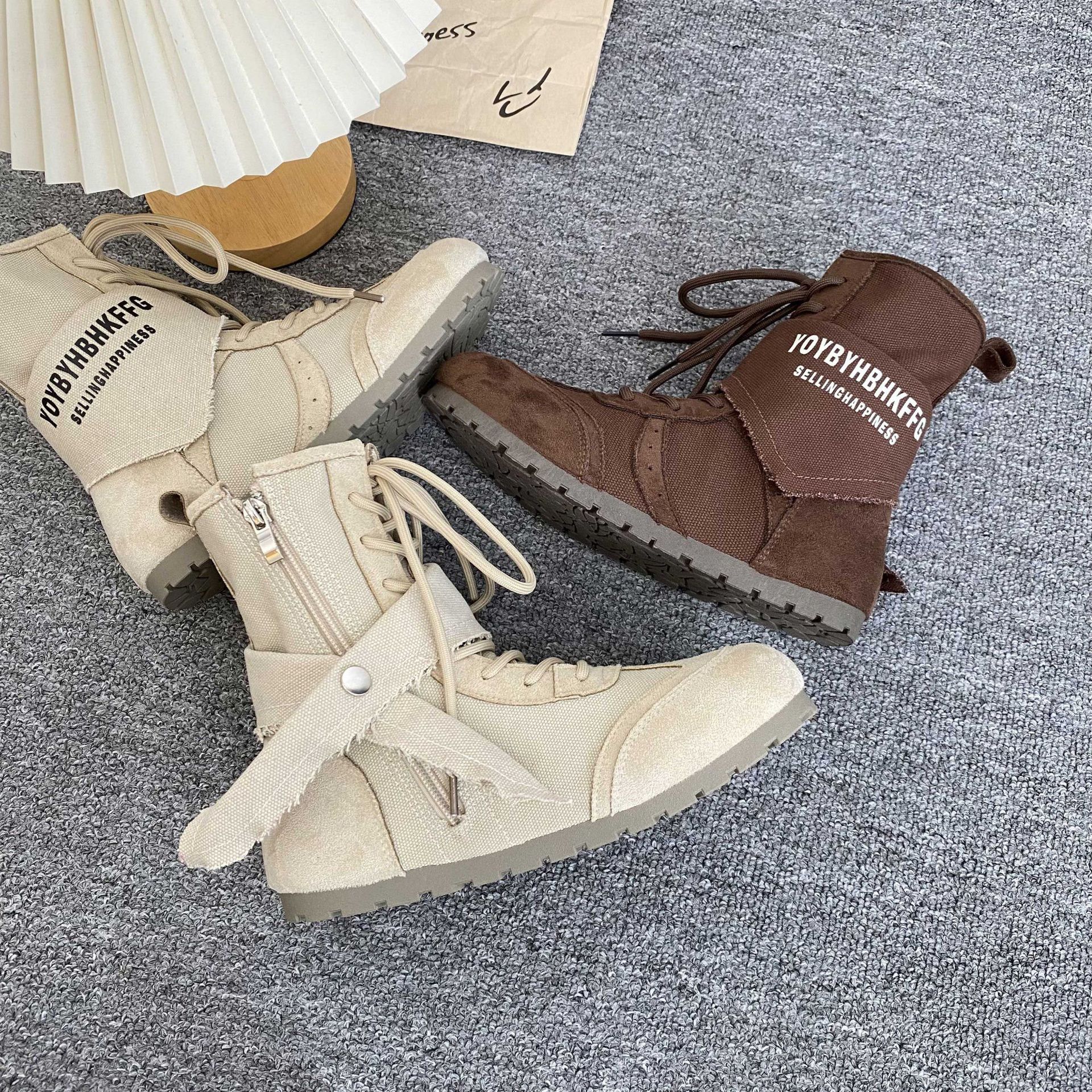 马丁靴女2025秋新款学生百搭高帮小短靴chic帆布鞋登山女鞋N2716