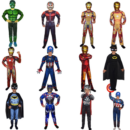 Halloween cosplay costumes for children, including Captain America, Iron Man, Thor, and Hulk costumes for performance sets.