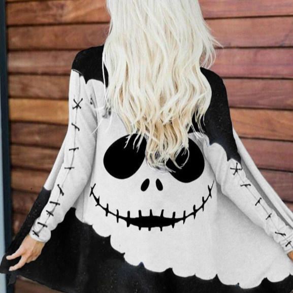 2024 cross-border wish independent station new ladies Halloween funny expression printed cardigan long sleeve coat top