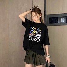 正确版罗家短袖t恤女印花上衣 潮牌LOE体恤小领口纯棉T恤男女同款