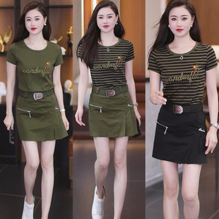 Summer New Round Neck Short-Sleeved Skirt Camouflage Suit Women's Outdoor Casual Plus Size Women's Short Skirt Pants Top Suit