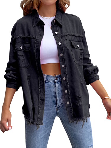 1pc Women's Casual Faux Denim Jacket Midi Length Frayed Cross-border