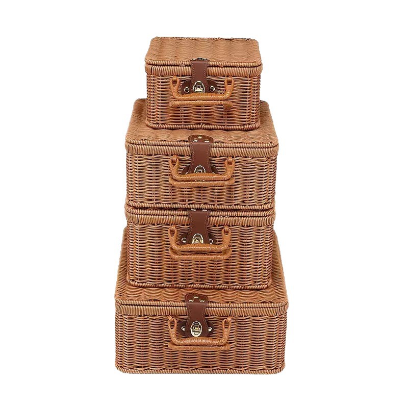 Tejido imitación de caña de bodas regalo de mano de alta calidad caja de almacenamiento cesta de picnic maleta retro caja de prensa fría antigua