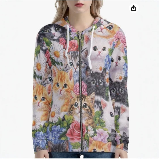 Cross-Border Popular Animal and Floral Print Hooded Sweatshirt, Casual Versatile Loose-Fitting Unisex Zip-Up Jacket Top