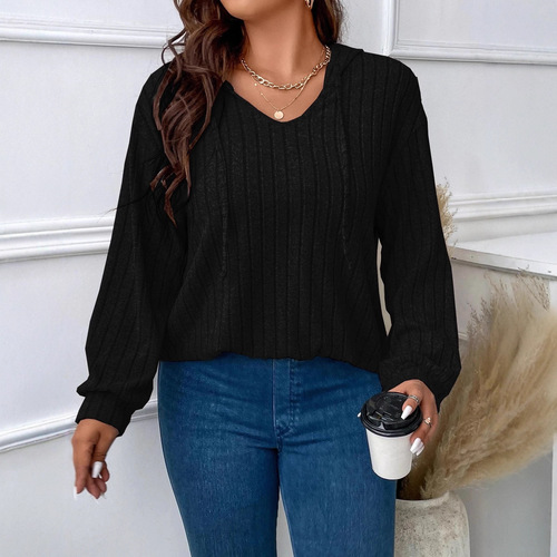 European and American-style spring/autumn solid-color loose-fitting plus-size top with V-neck, hooded design, and long sleeves—crafted from brushed ribbed fabric.