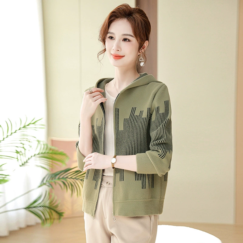 Вязаный кардиган с капюшоном для женщин, весна и осень, тонкий свободный короткий топ для мам среднего возраста в Корейском стиле на молнии