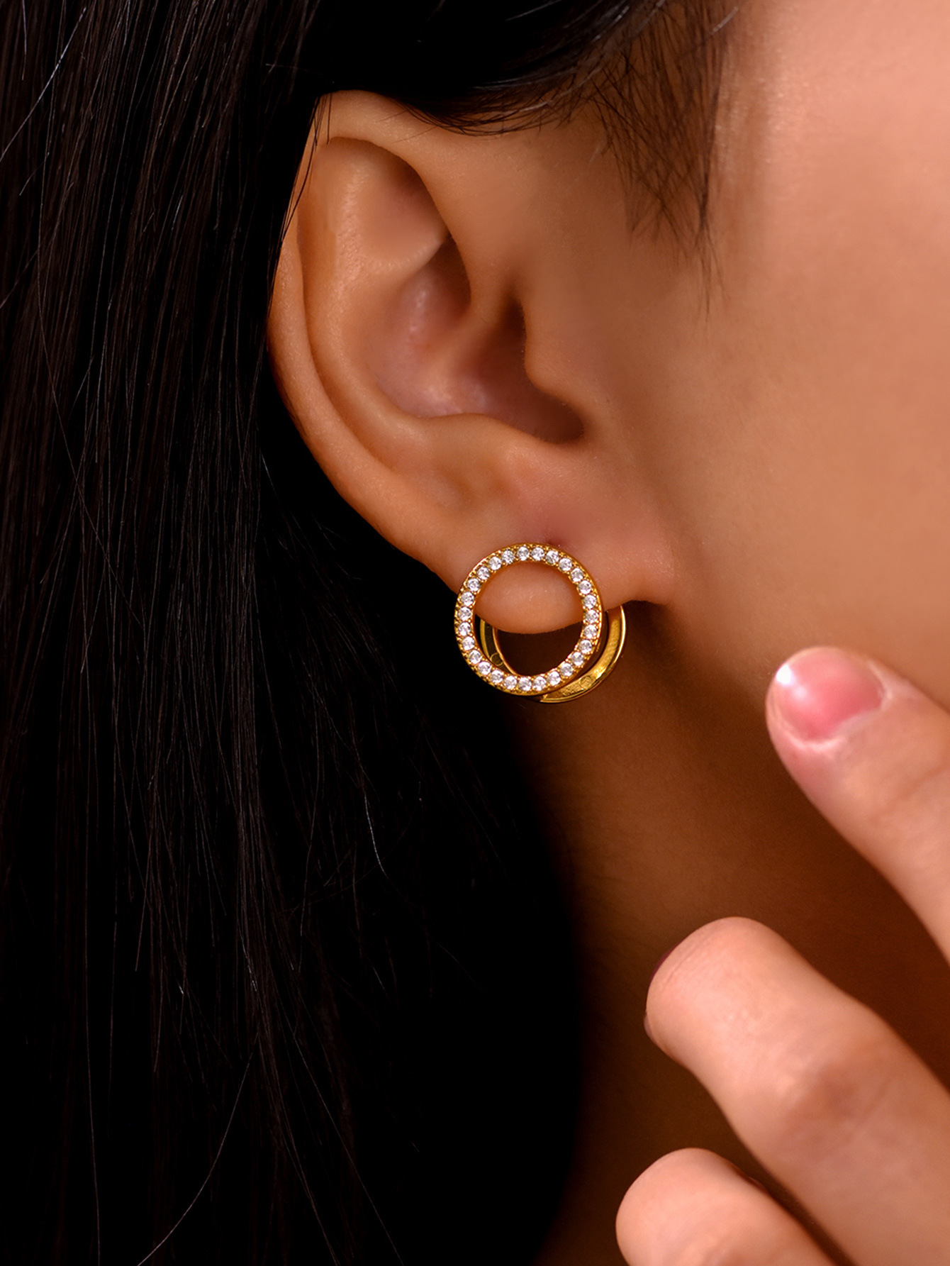 Square Zircon Double Sided Stud Earrings In Gold Stainless Steel_voghion.com