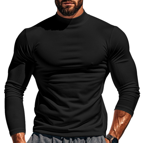 Amazon men's autumn/winter thermal fleece solid color long-sleeved pullover knit base shirt slim-fit half-high-neck top Meituan
