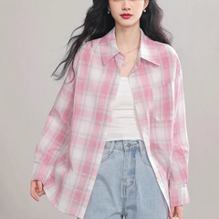 韩系织带格子衬衫女春秋新款高级感法式长袖上衣慵懒风防晒开衫衬