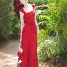 【清迈红玫瑰】鱼尾茶歇法式红色方领背心吊带裙女度假裙