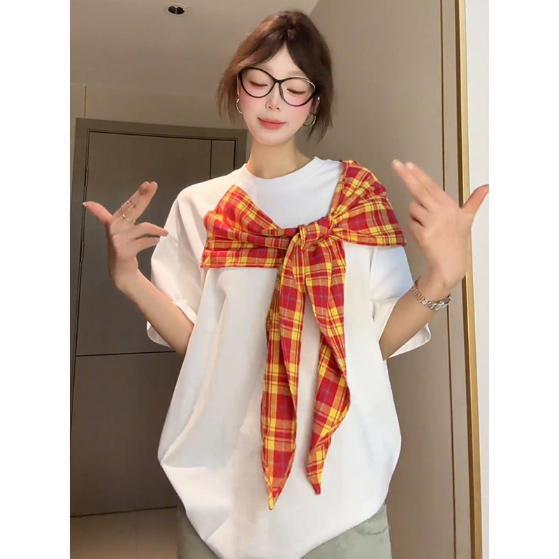 美式复古格纹蝴蝶结短袖T恤女夏季设计感小众宽松慵懒风半袖上衣|undefined